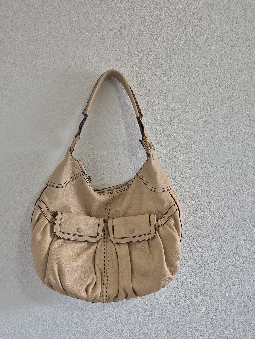 Cole Haan Beige Leather Hobo with Front Flap Pockets. Tan/camel Color